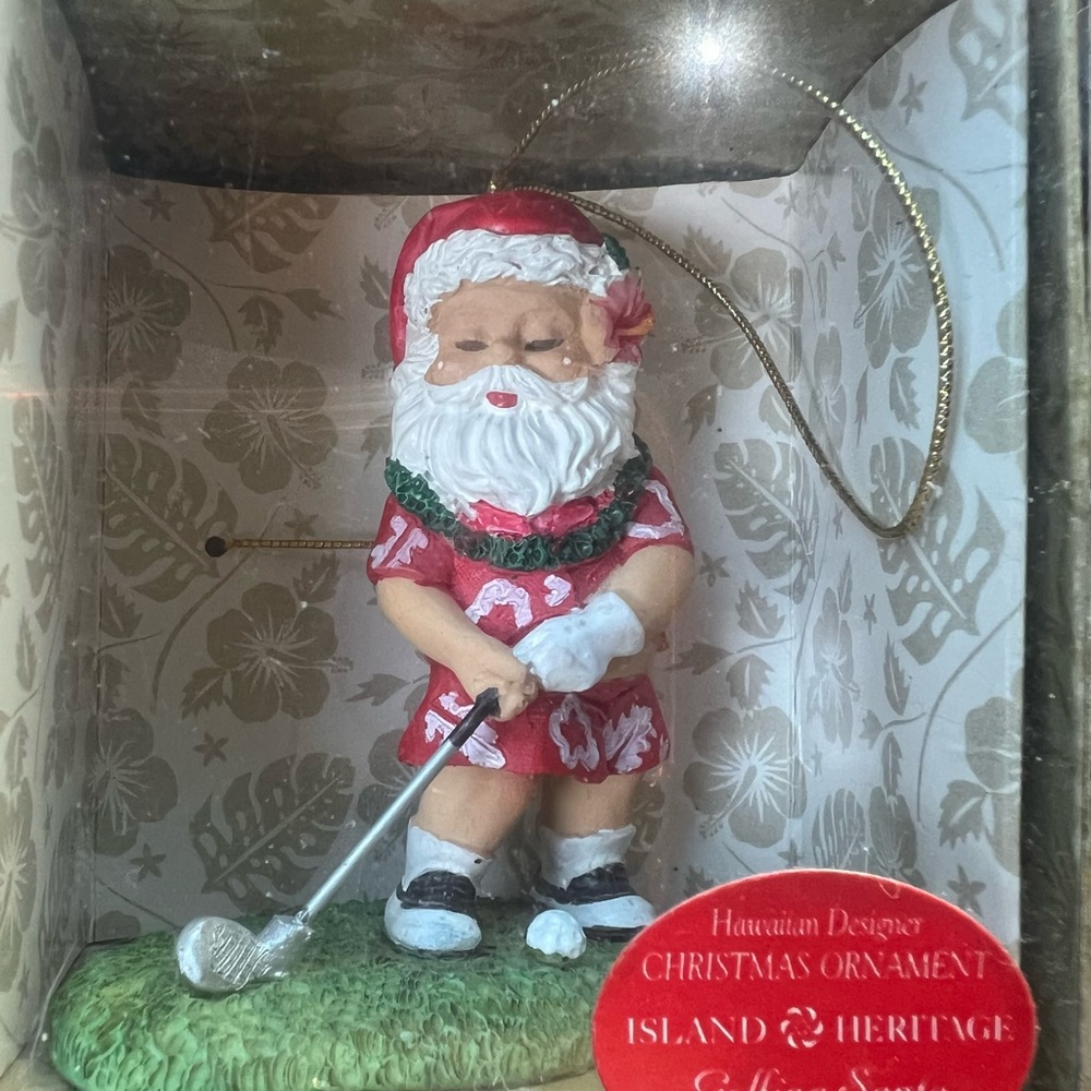 Vtg Hawaiian Golfing Santa Christmas Ornament Island Heritage Aloha Shirt Lei - Picture 2 of 6
